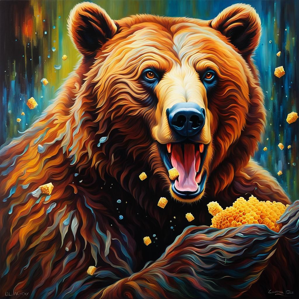 Brown Bear's Honey Feast: Scratchy Oil Painting
