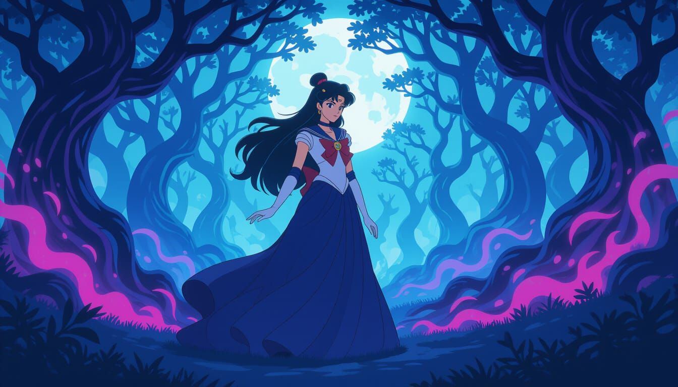 Sailor Pluto in Mystical Woods, Anime Style