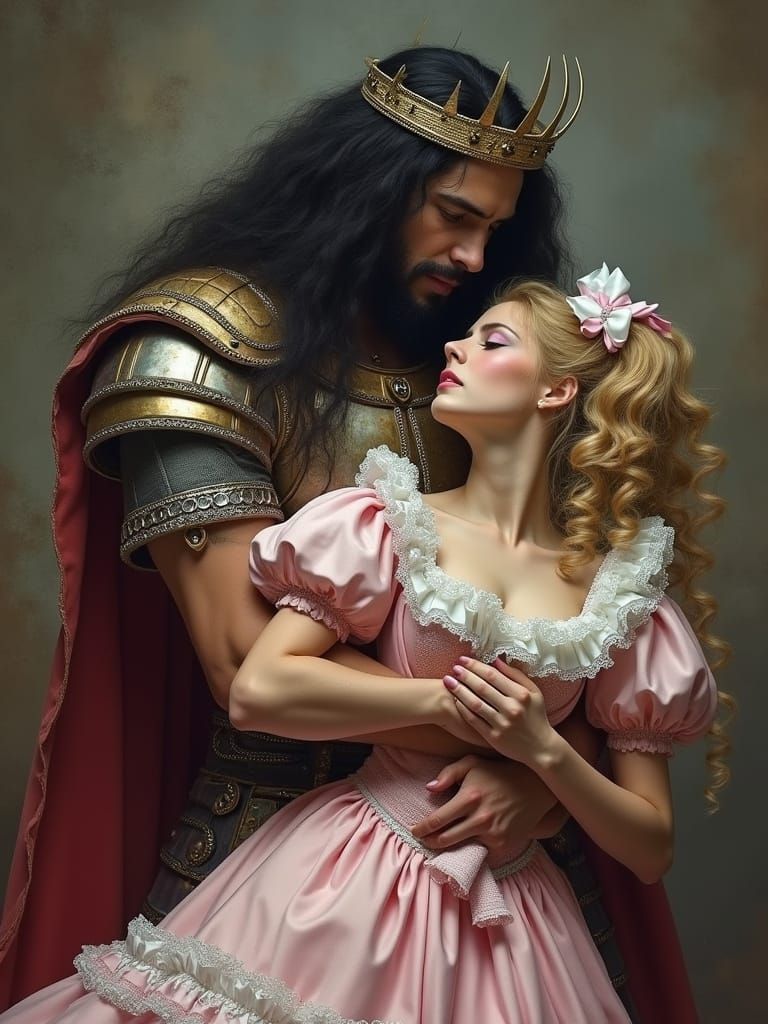 Regal Warrior Captures Foppish French Maid in Dark Fantasy