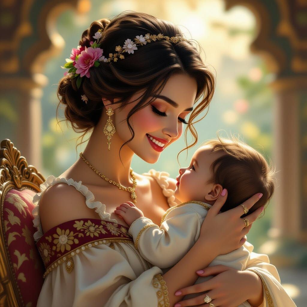 Elegant Mother and Baby Portrait in Vibrant Style