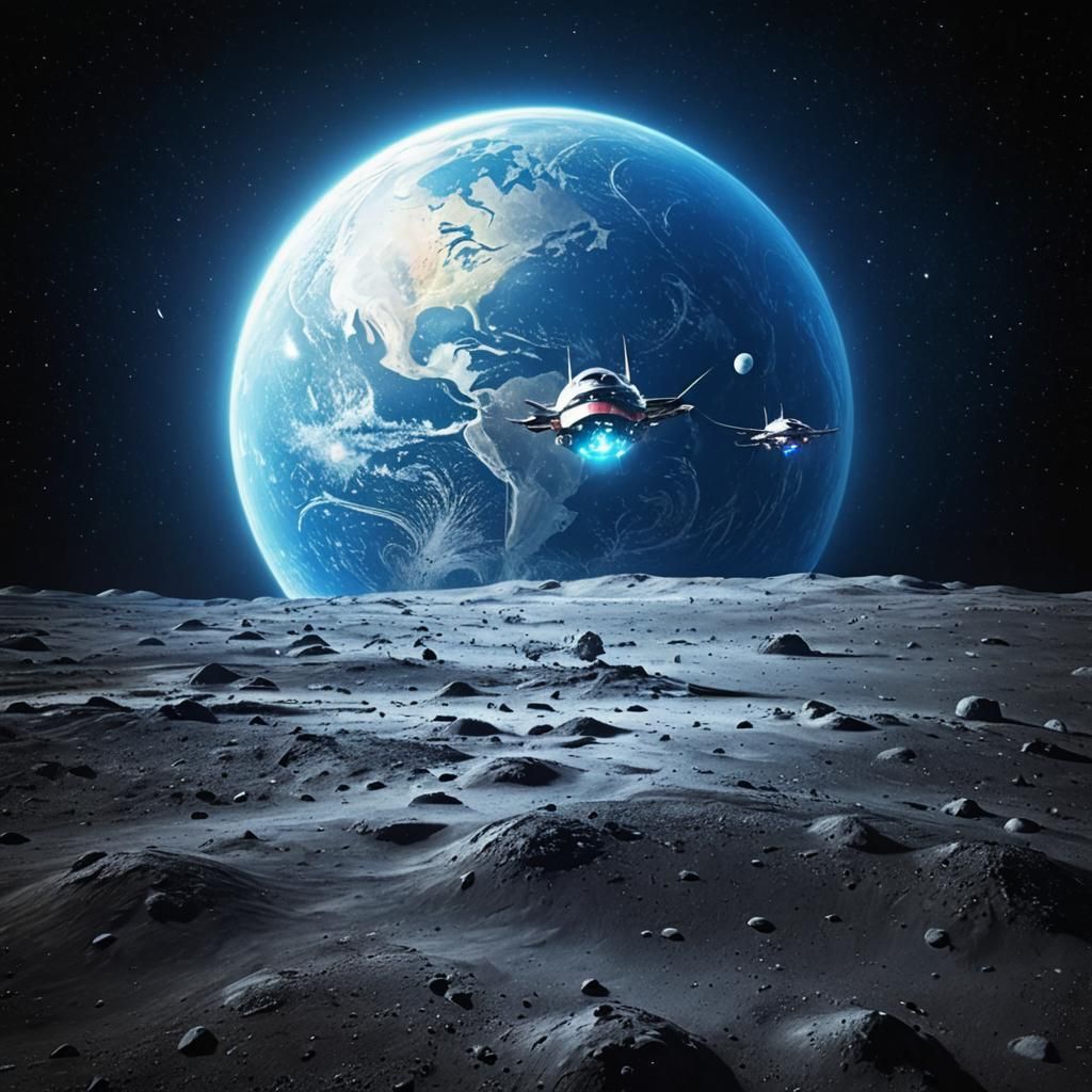 Sleek Alien Spaceships Landing on the Moon