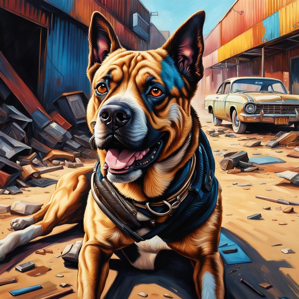 Hyperrealistic Junkyard Dog in Detailed Splash Art