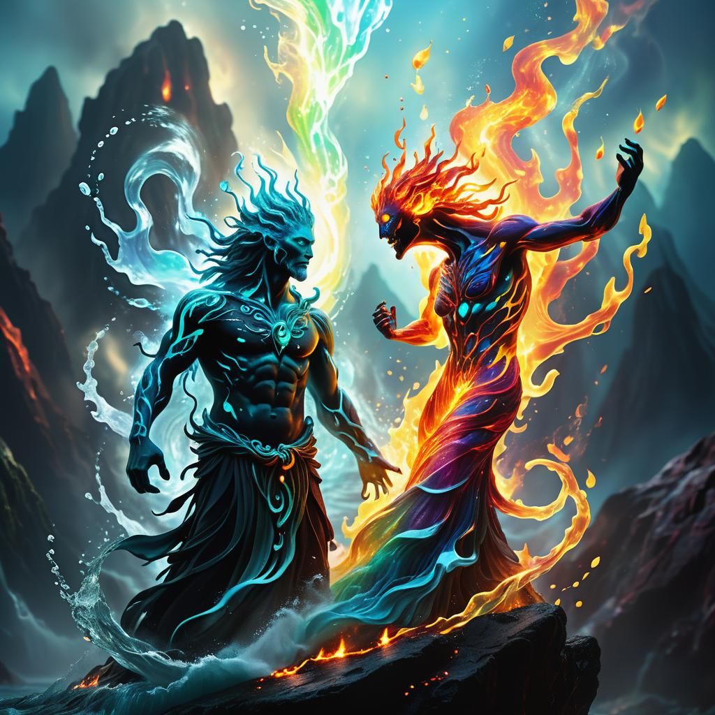 Water and Fire Spirits in Digital Painting