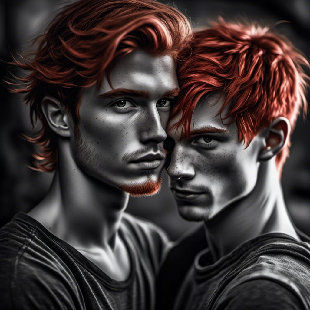 Embracing Youths in Black, White, and Red Portrait