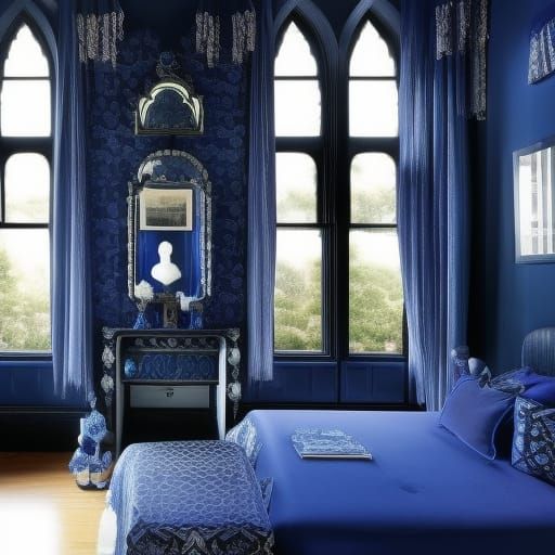 Gothic mirrors penthouse with Black walls with indigo accents& indigo gothic windows with cobalt blue curtains& Gothic m...