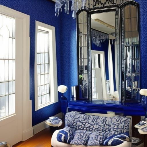 Gothic mirrors penthouse with Black walls with indigo accents& indigo gothic windows with cobalt blue curtains& Gothic m...