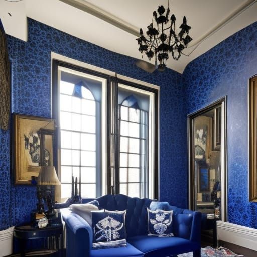 Gothic mirrors penthouse with Black walls with indigo accents& indigo gothic windows with cobalt blue curtains& Gothic m...