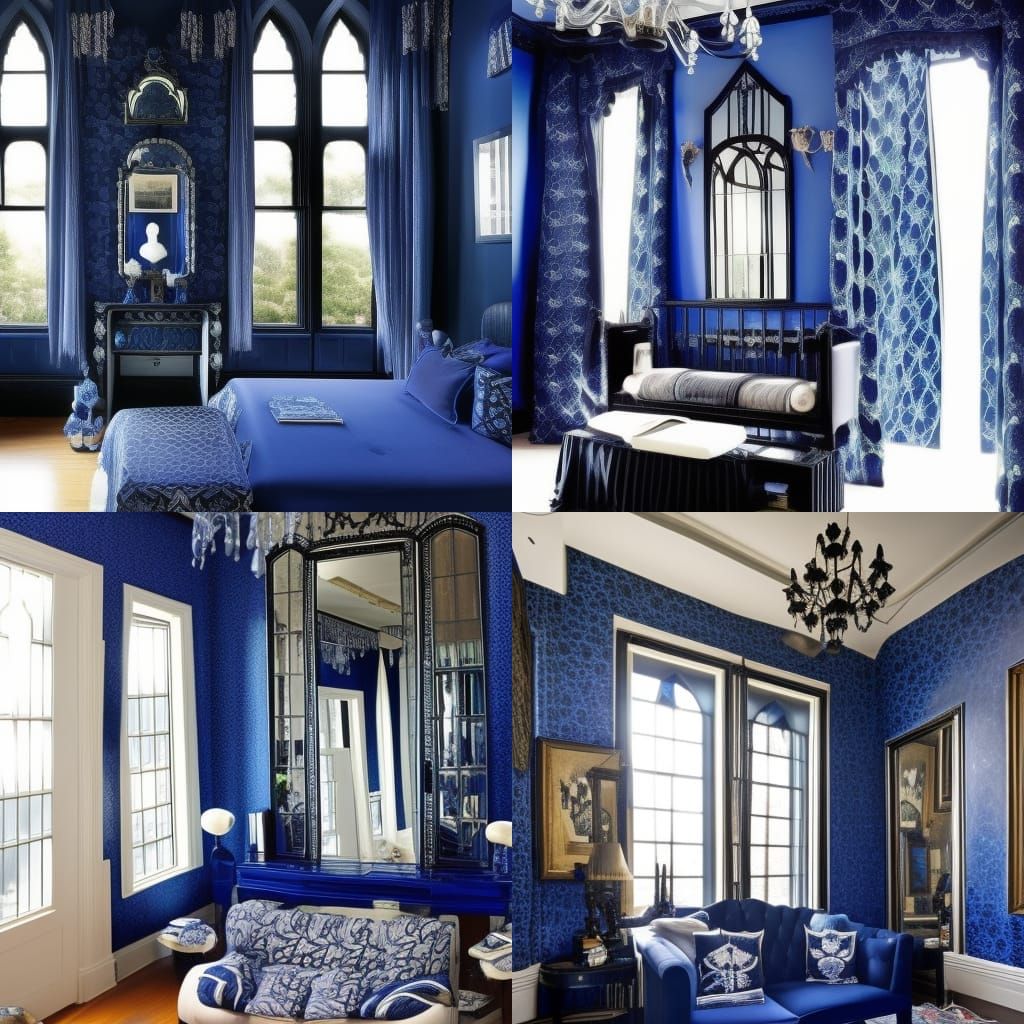 Gothic mirrors penthouse with Black walls with indigo accents& indigo gothic windows with cobalt blue curtains& Gothic m...