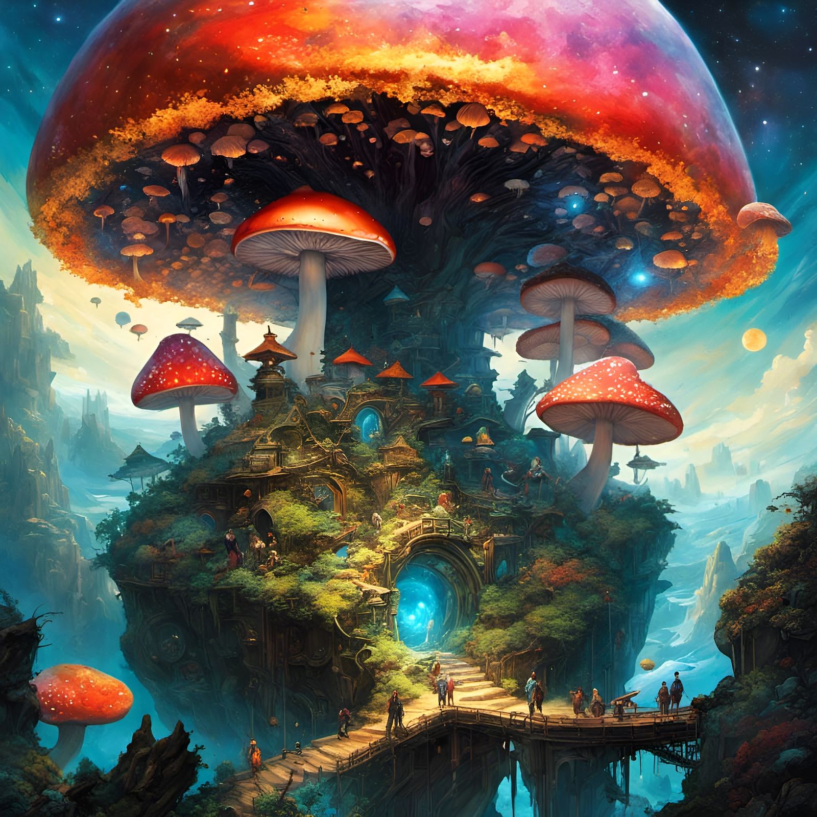 Mushroom Island Soars Through Space in Fantasy Art