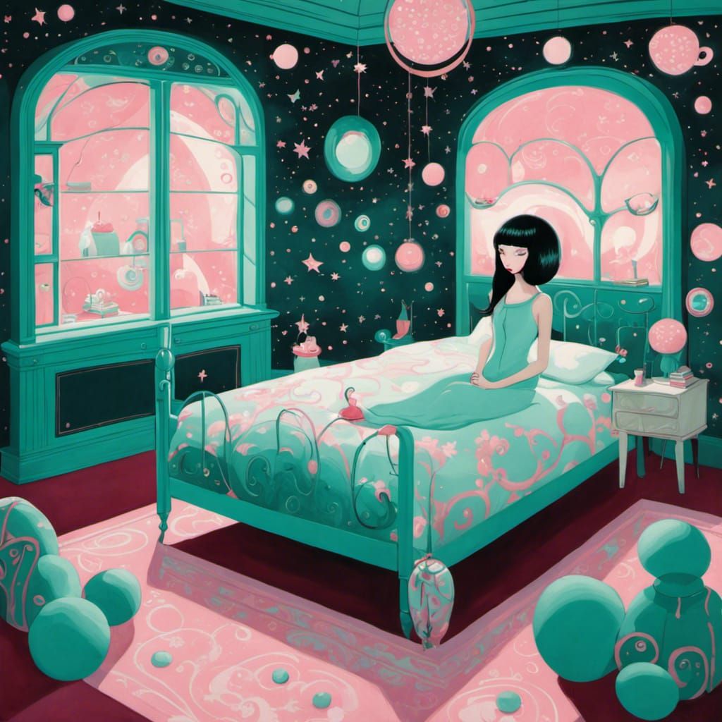 Dreamy Bedroom Portrait in Lowbrow Art Style