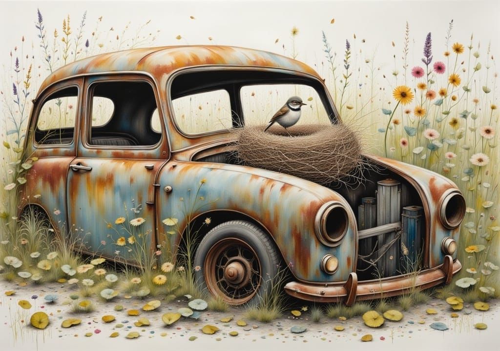 Bird Nest in Abandoned Car, Watercolor Landscape