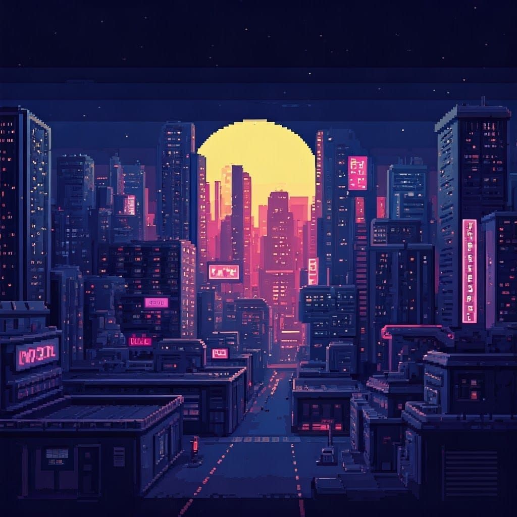 8-Bit Retro Sci-Fi Cityscape in Cyberpunk Style