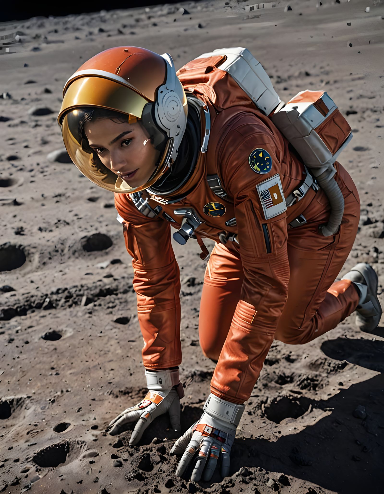 Libyan Astronaut Crawling on the Moon in Spacesuit