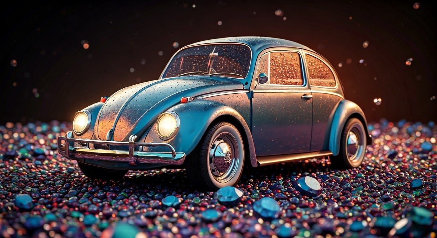 Iridescent Beetle Car on Jewels: Hyperrealistic Splash Art