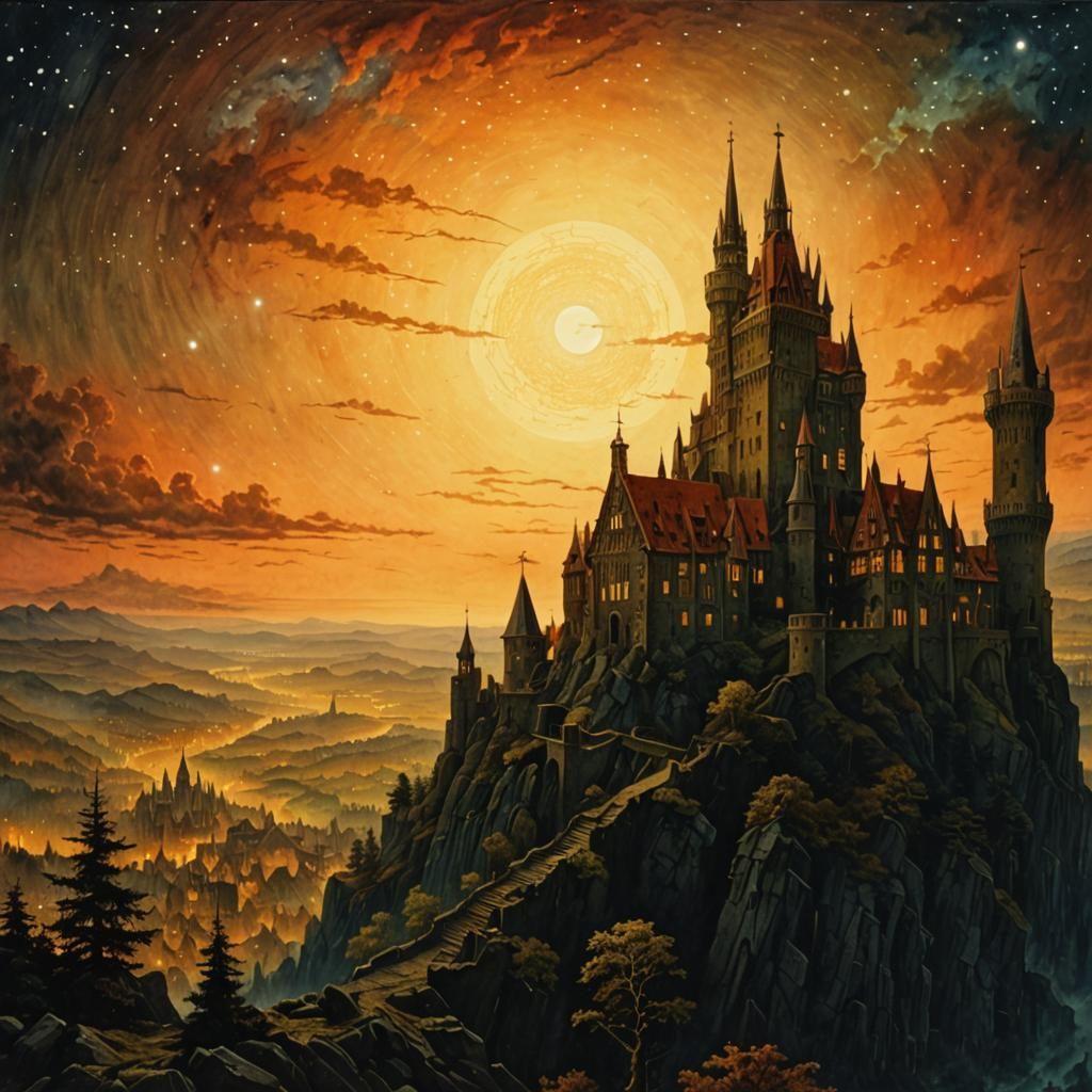 Gothic Castle Under Night Sky in Romantic Style