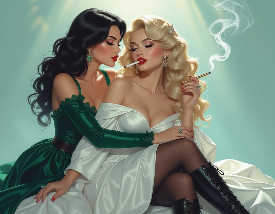 Embrace of Women in Flowing Dresses, Ethereal Style