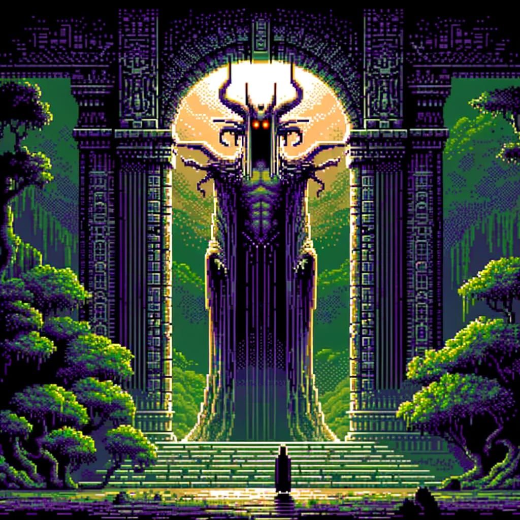 Sinister Guardian at Lost Temple Entrance: 8-bit Pixel Art