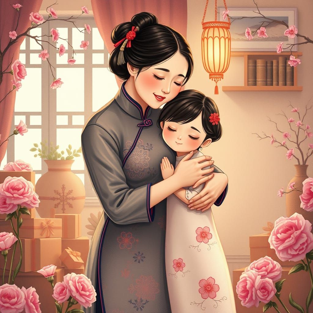 Mother's Day Moment in Soft Pastel Illustration Style