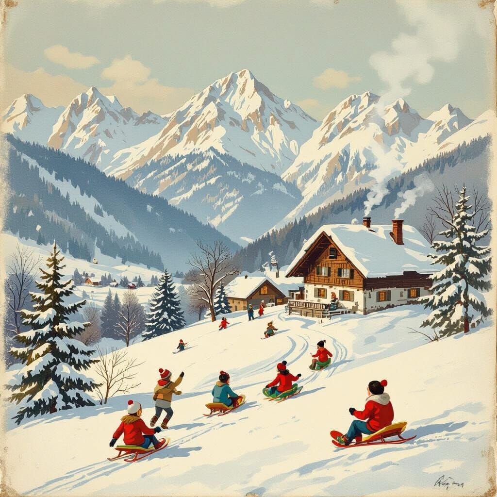 Vintage Christmas Card: Children Sledding in Austrian Alps