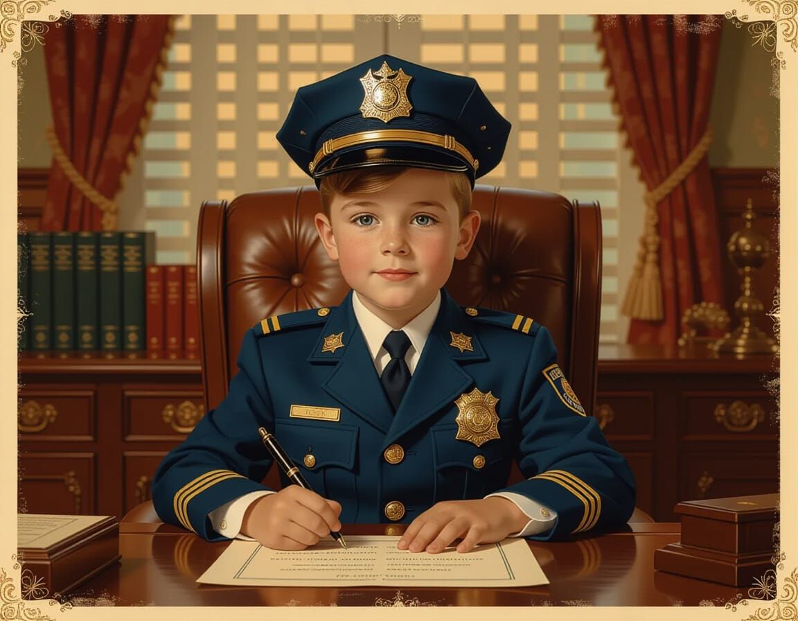 Boy in Policeman Uniform in Retro Americana Style