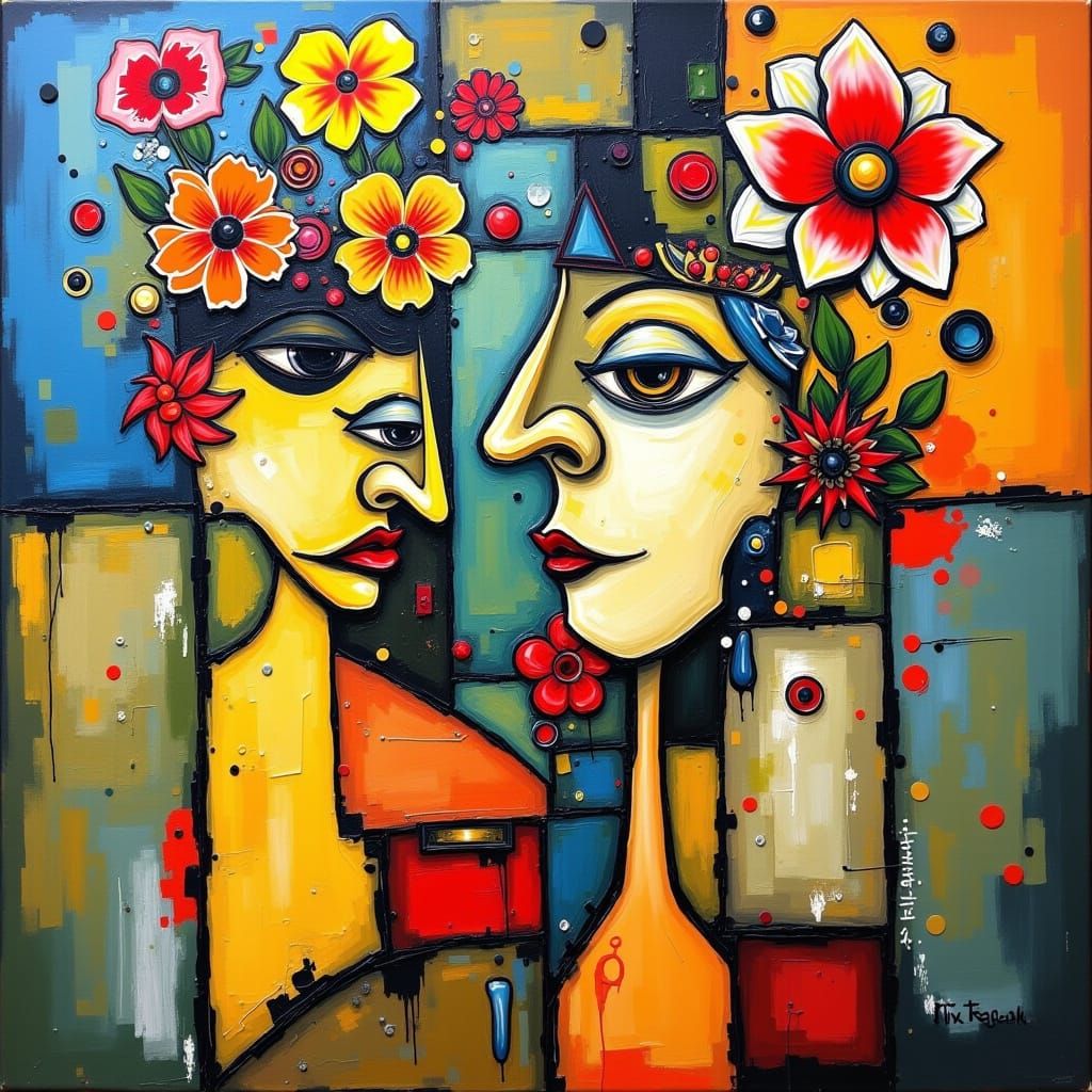 Abstract Cubism Flower Faces in Modern Style