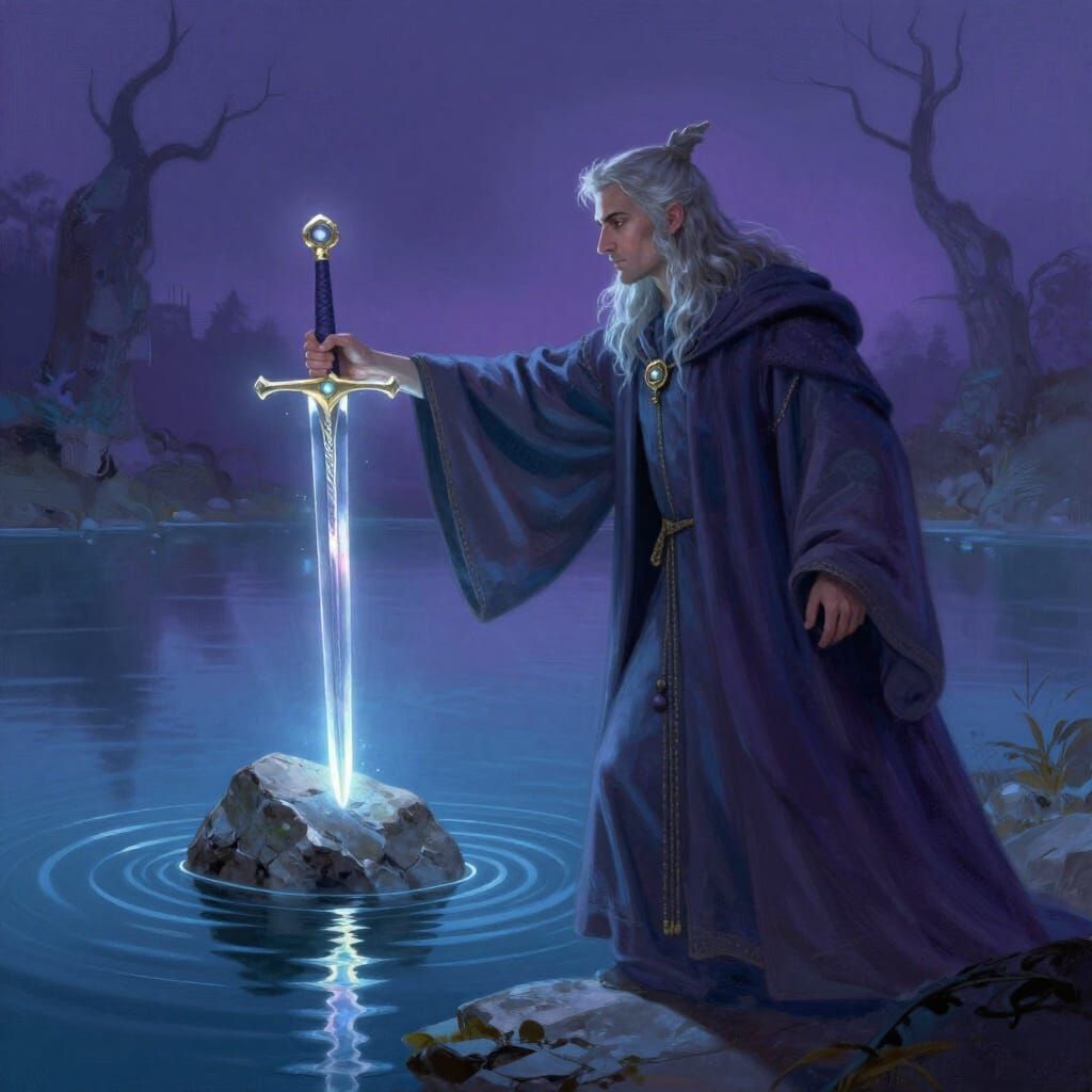 Merlin Reaches for Excalibur in Mystical Lake