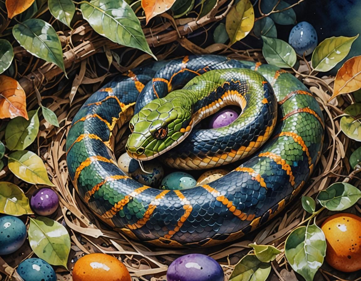 Snake and Nest in Loose Watercolor Painting