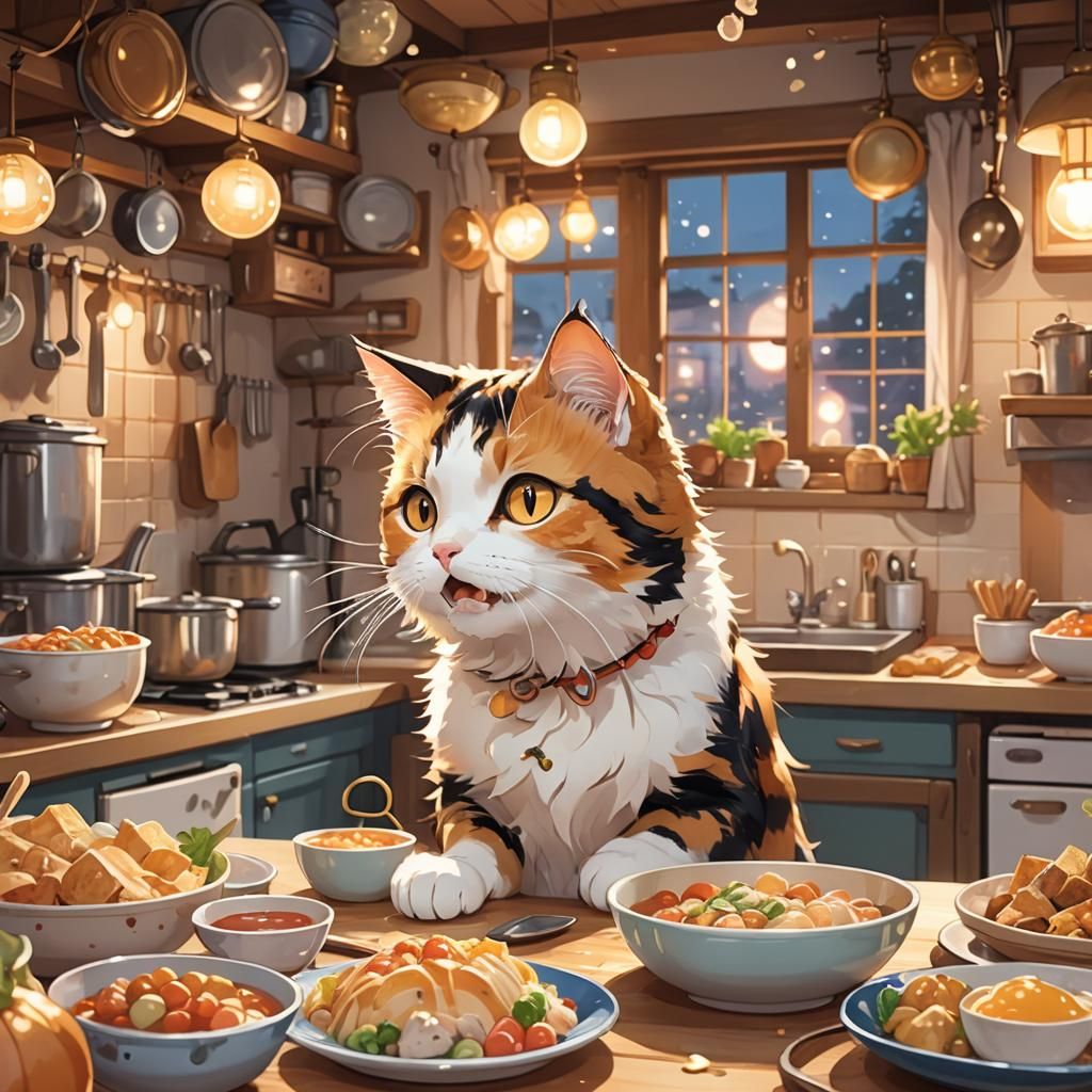Anime Calico Cat Enjoying Food in Cozy Kitchen