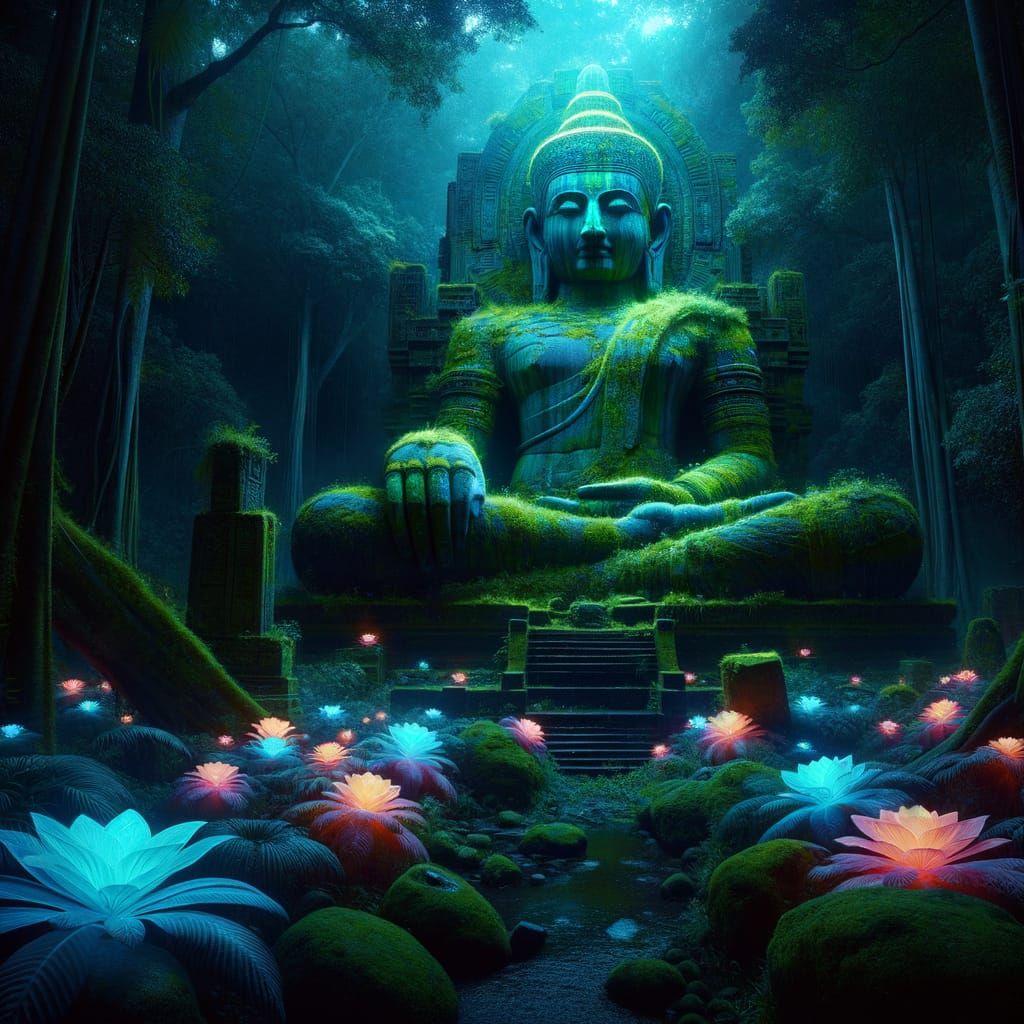 Ancient Deity Statue in Mystical Jungle Clearing