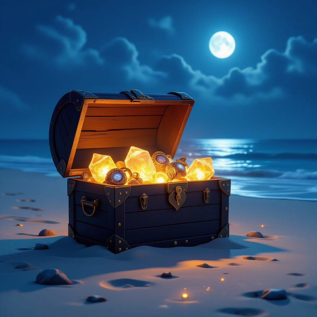 Ancient Treasure Chest on Moonlit Beach