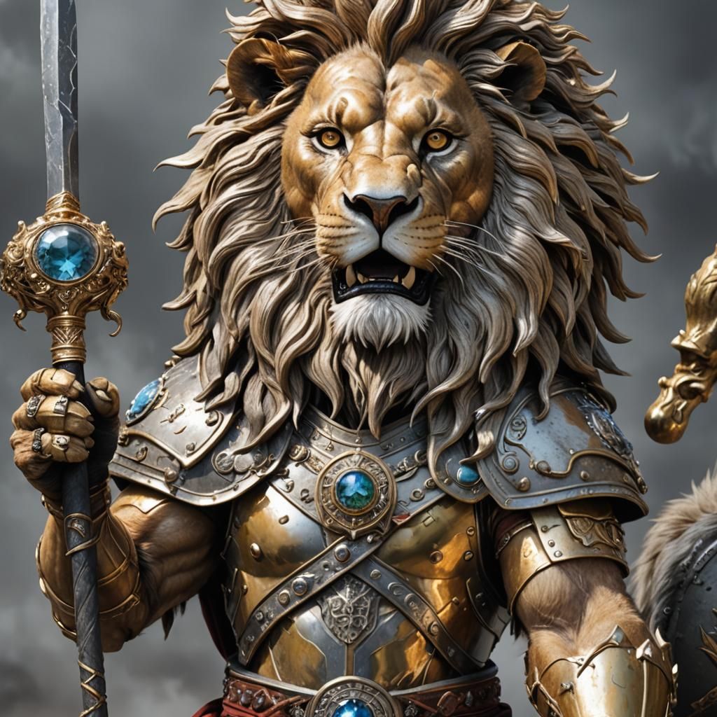 Photorealistic Warrior Lion with Precious Stone Staff