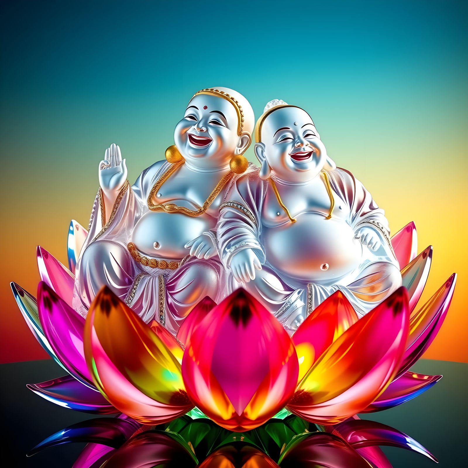Crystal Laughing Buddhas on Lotus Flower, 3D Render