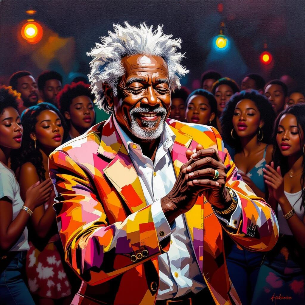 Vibrant Club Scene: Elderly Man Dancing, Oil Painting Style