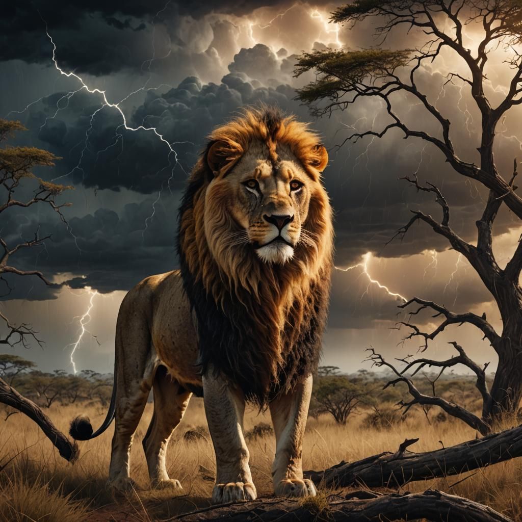Lion in Savannah as Storm Approaches: Cinematic Painting