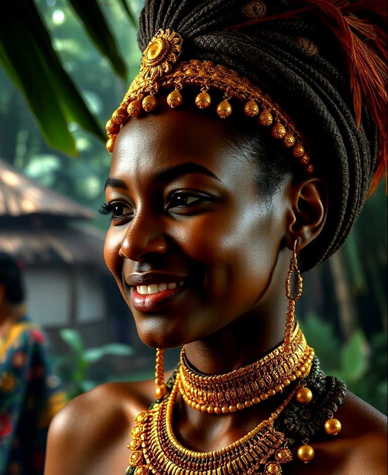 Mysterious Ashanti Princess Portrait in Vibrant Jungle Villa...