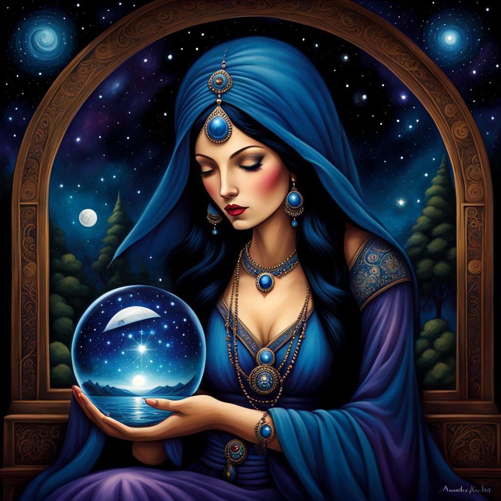 Bohemian Fortune Teller Gazing into Starry Crystal Orb