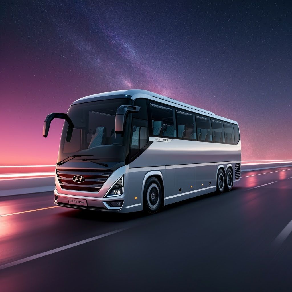 Futuristic Hyundai Bus on Neon Highway: 3D Digital Art