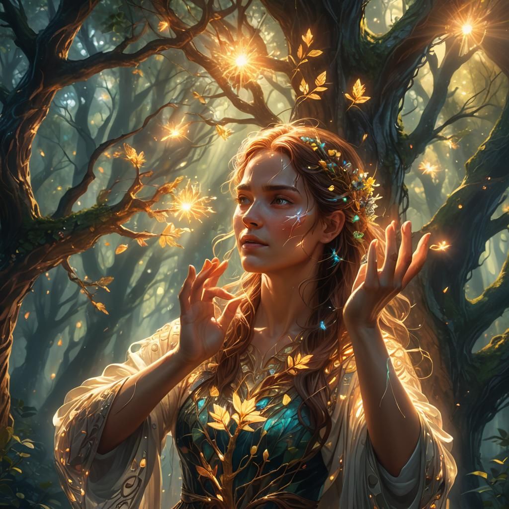 Woman Heals Tree Wound in Enchanted Forest