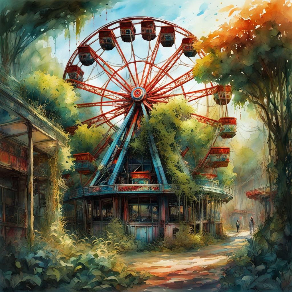 Abandoned Amusement Park Reclaimed in Ink and Watercolor
