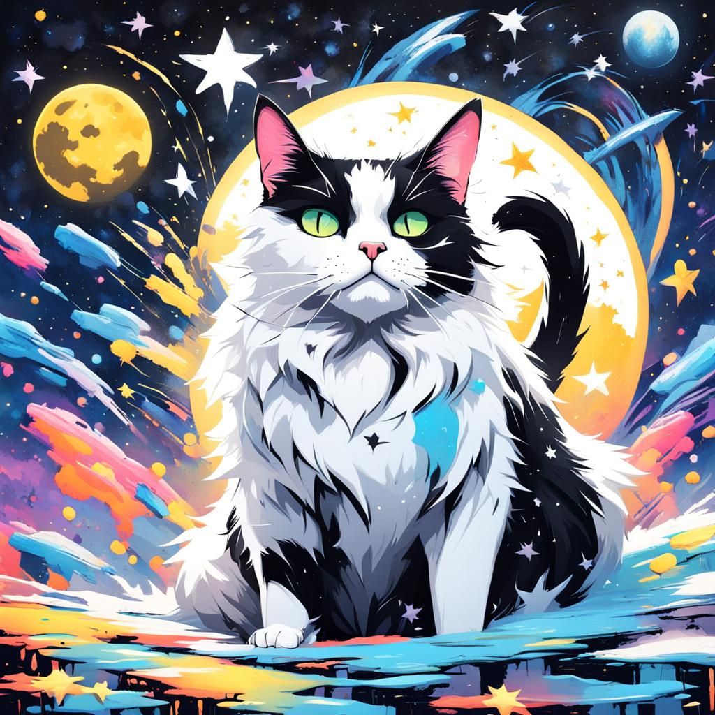 Fluffy Cat in Space Graffiti Art