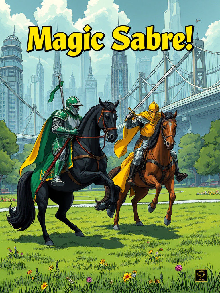 Medieval Knights Duel in Futuristic Park, Comic Book Style