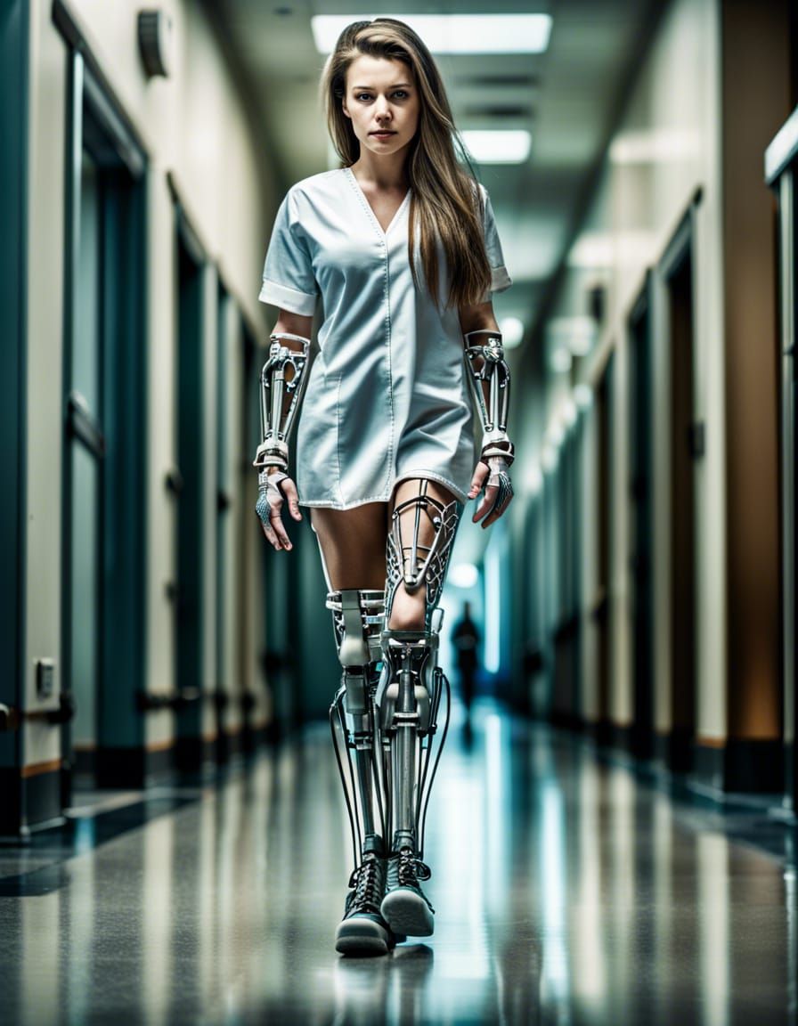 Girl with Bionic Legs in Classic Hospital