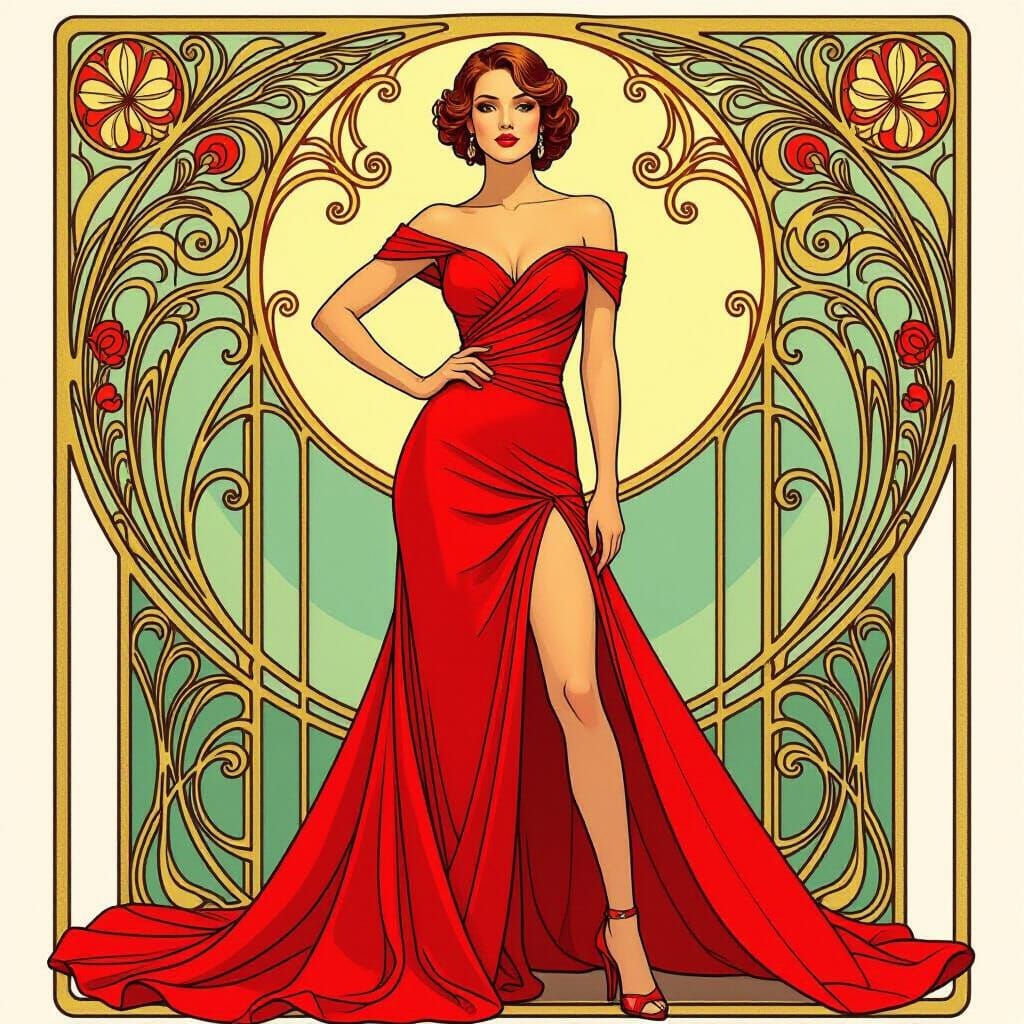 Elegant Woman in Red Gown, Art Nouveau Style