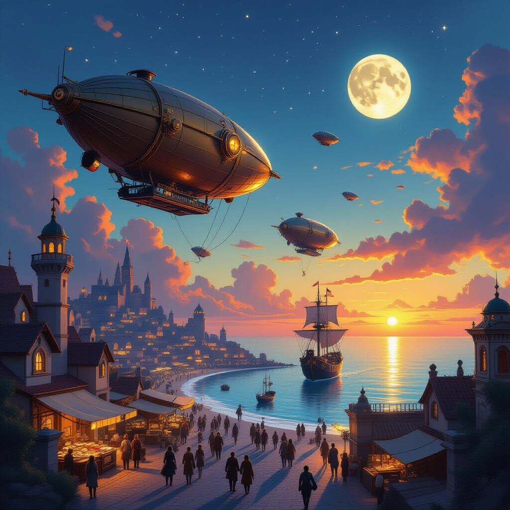 Steampunk Airships Over a Twilight Seaside Marketplace