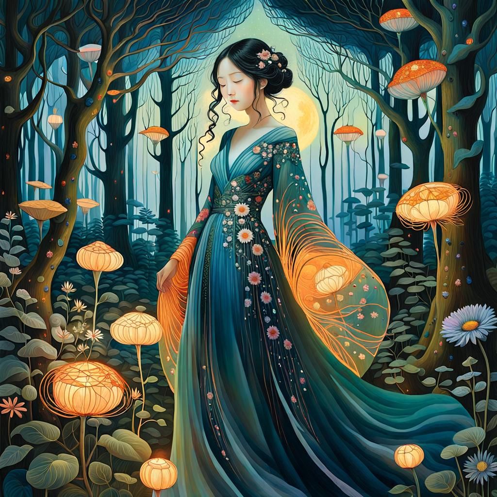 Sunset Woman in Enchanted Forest, Art Nouveau Style