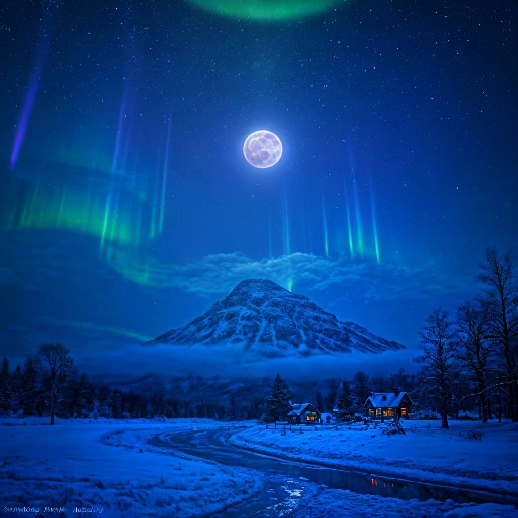 Northern Lights Over Icy Scottish Winter Landscape