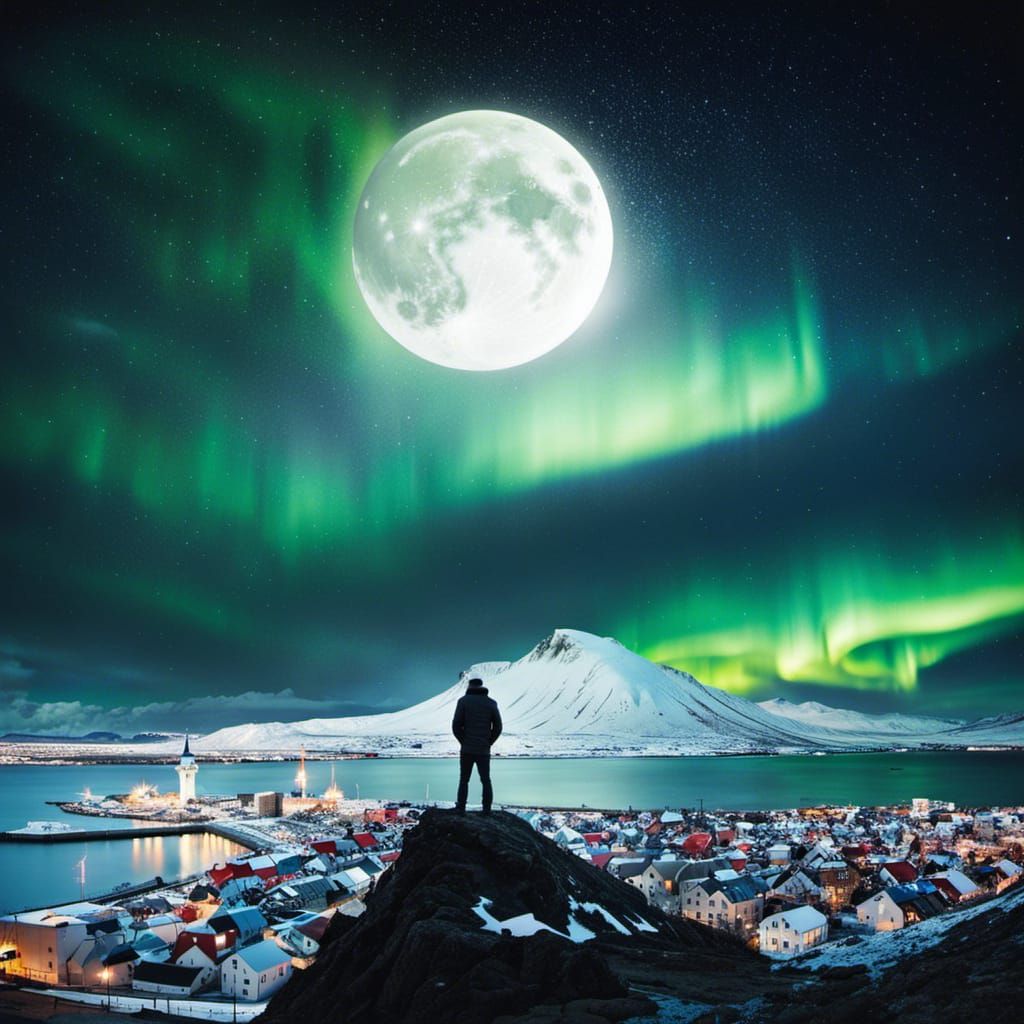 Icy Reykjavik Panorama Under Aurora Borealis