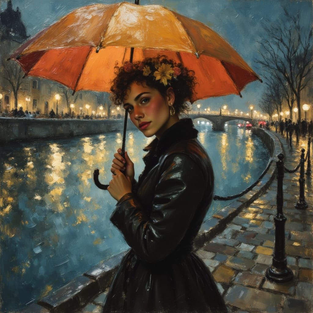 Woman with Umbrella on Rainy Paris Night