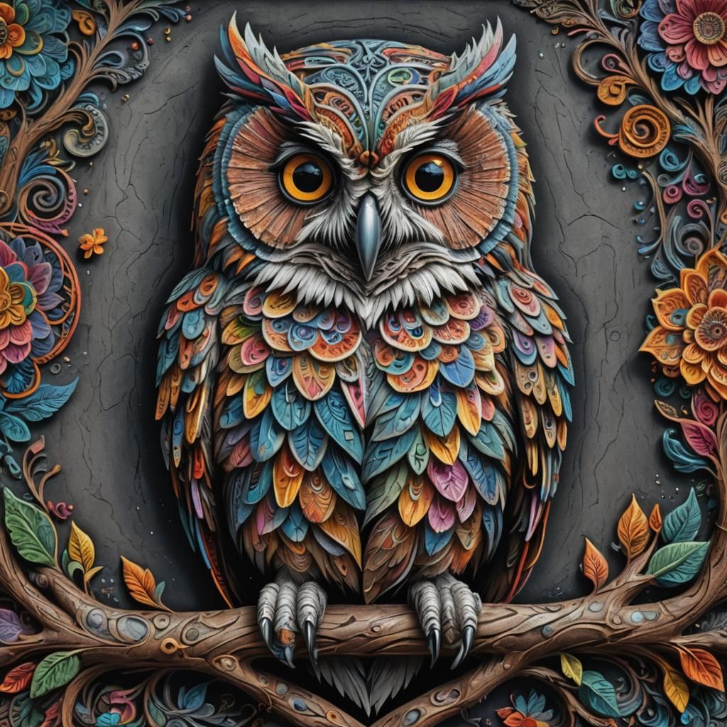 Colorful Chalk Art Owl: Hyperrealistic Digital Rendering