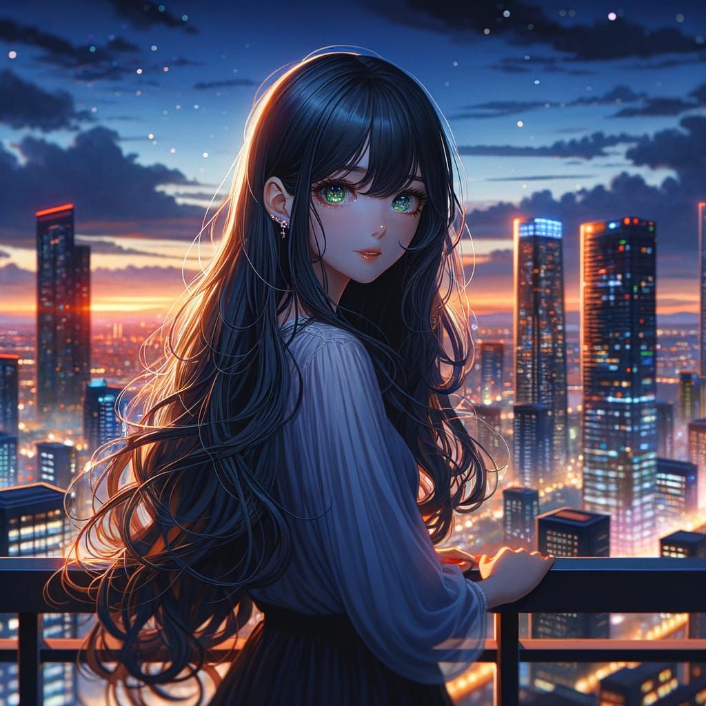Anime-Style Digital Painting of a Young Woman at Night